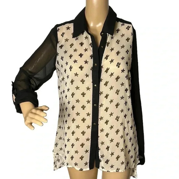 Sheer lace up blouse,cross,star,multi media,hi lo,indie sleeze,Whimsigoth,goth - Picture 2 of 12